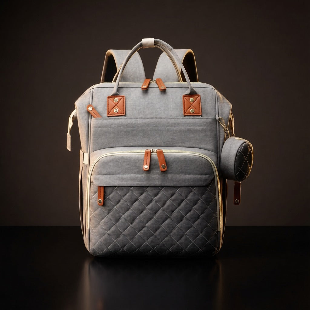 Pañalera morral con cuna color gris