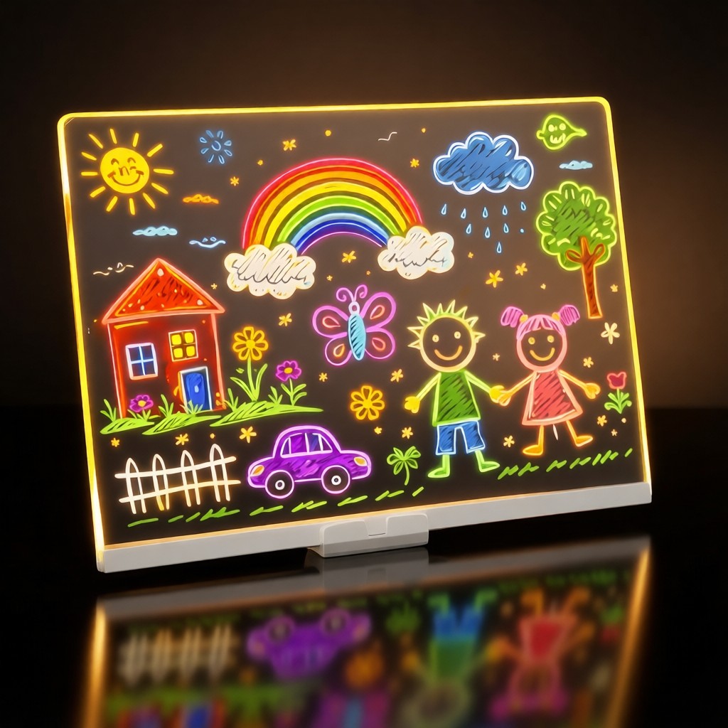 Pizarra mágica LED encendida con un dibujo de colores