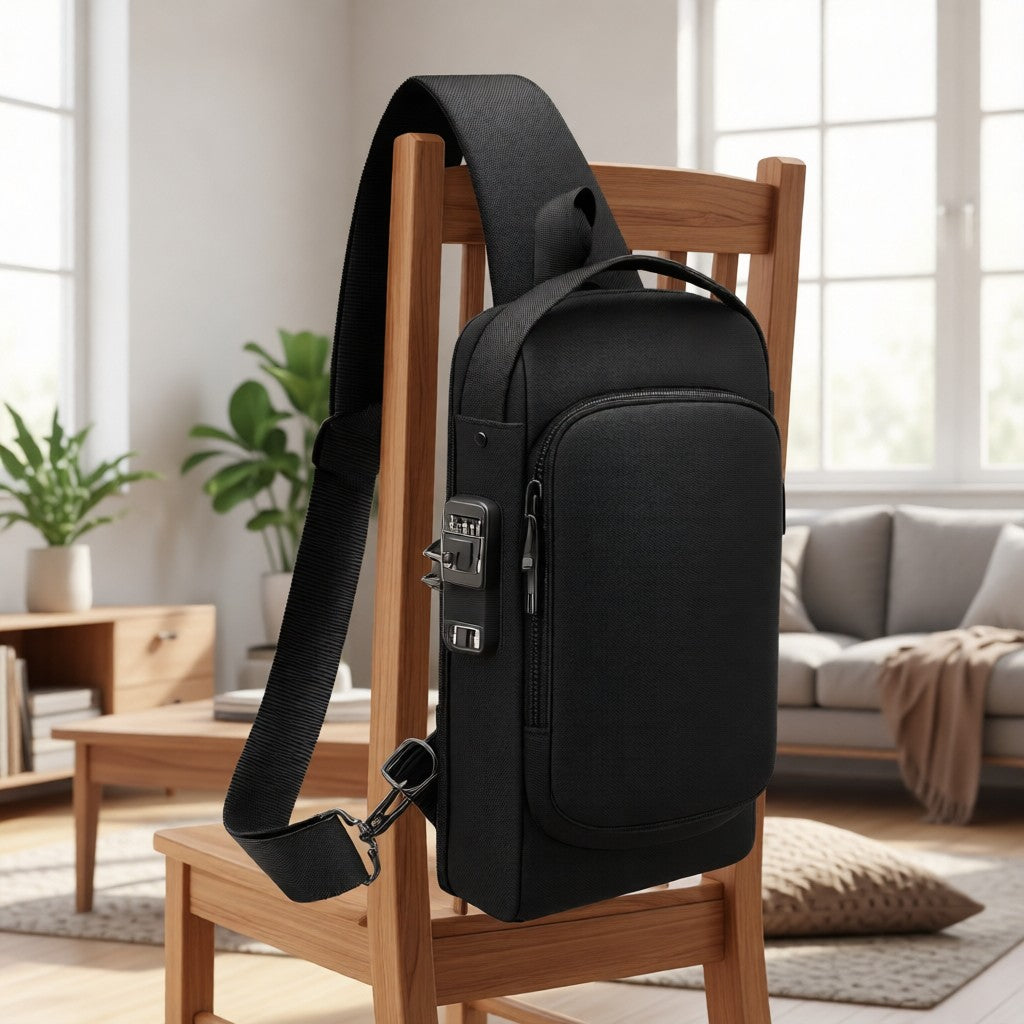 Morral antirrobo colgado en una silla