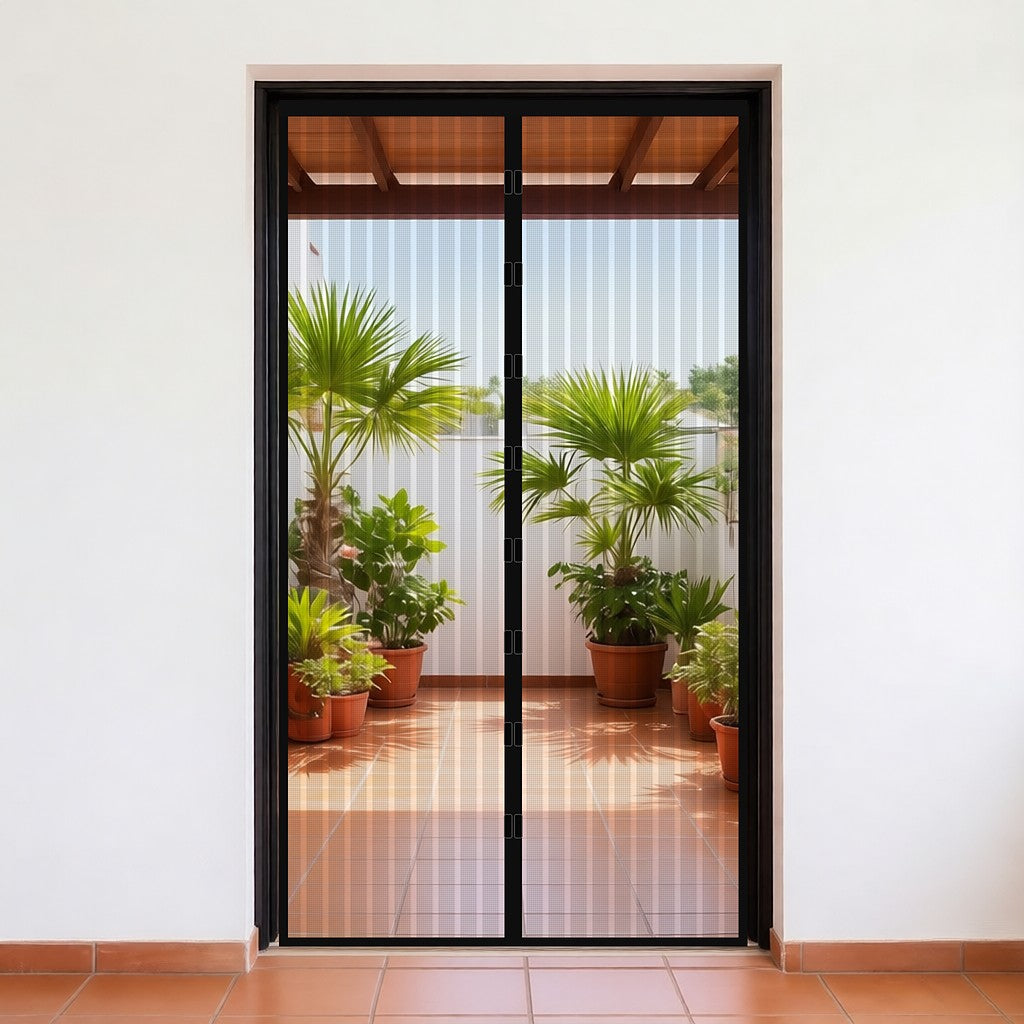 Malla magnética negra instalada en la puerta del patio