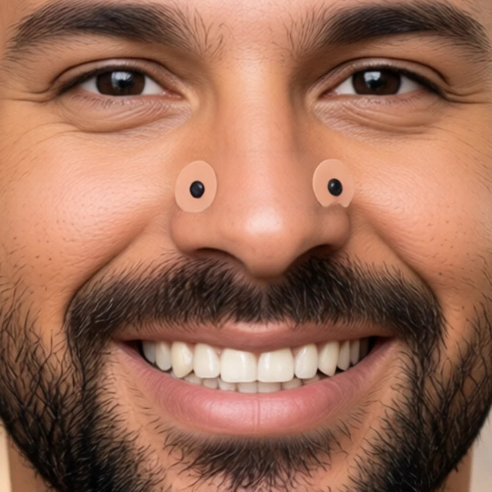 Hombre sonriendo con dos parches pequeños a los lados de la nariz