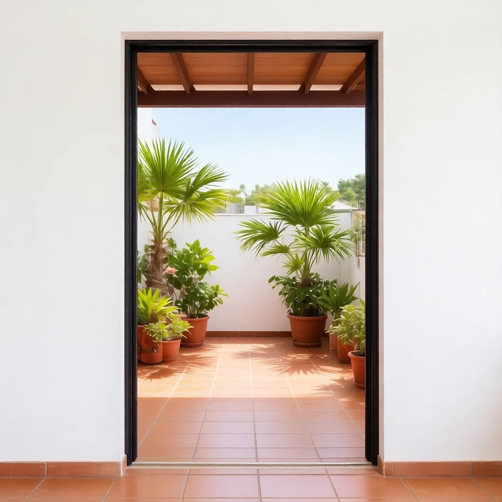Puerta abierta hacia el patio con la malla magnética negra
